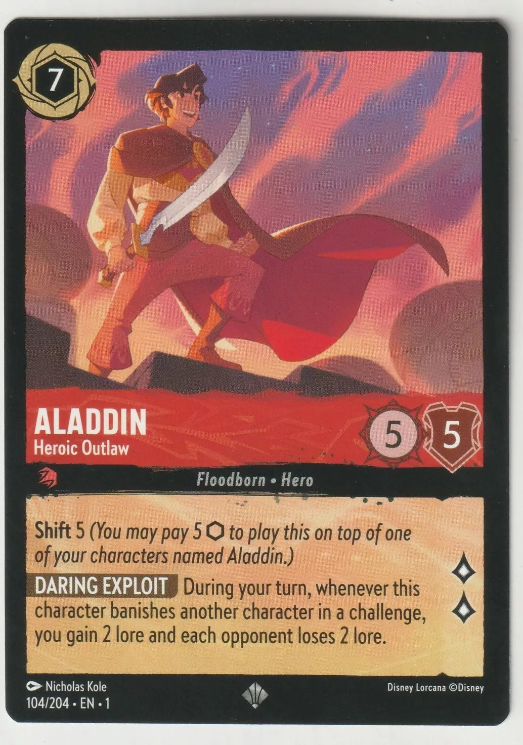 Aladdin Heroic Outlaw Disney Lorcana card front with Aladdin holding a sword in front of a desert sunset, 7 ink cost, 5/5 stats.