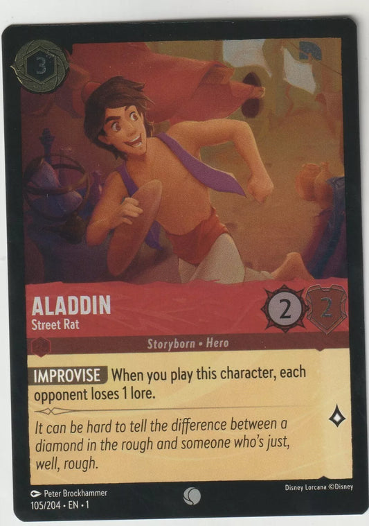 Front view of Disney Lorcana Aladdin Street Rat card featuring an image of Aladdin running through the streets, with vibrant artwork and abilities displayed.