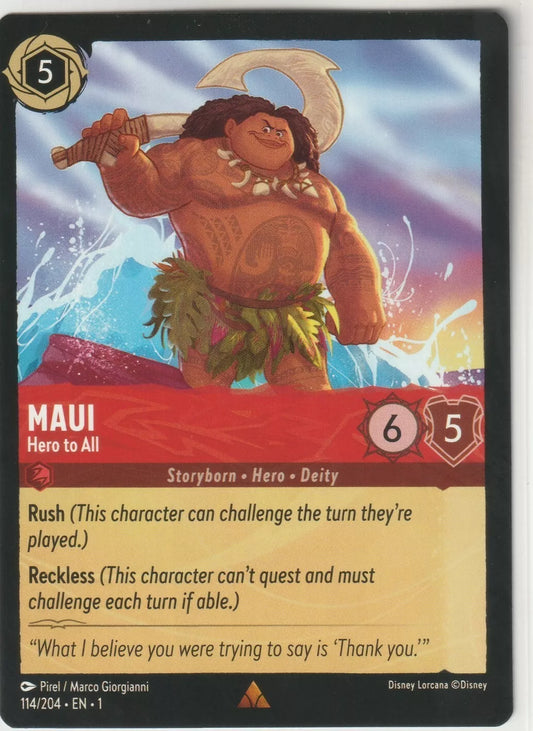 Front of the Maui Hero to All Disney Lorcana card showing Maui wielding his fishhook against a vibrant ocean backdrop.