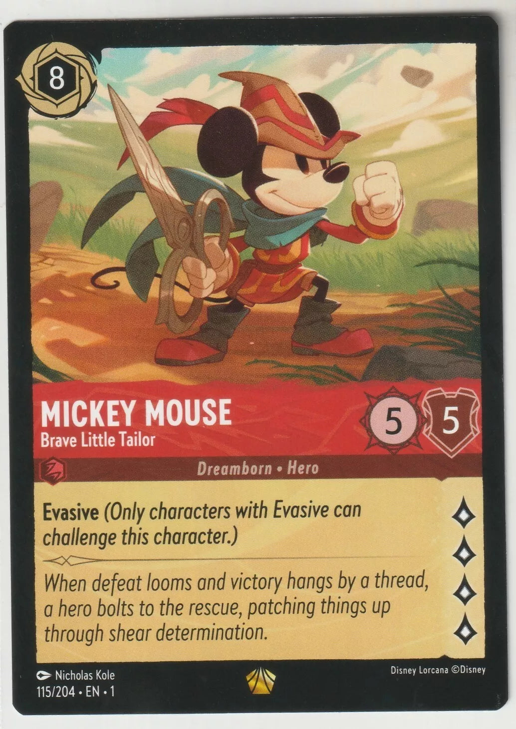 Mickey Mouse Brave Little Tailor holding large scissors, ready for action, Disney Lorcana card.