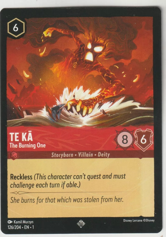 Te Kā, the burning one from Disney’s Moana, surrounded by flames and an intense volcanic landscape on the Lorcana card.