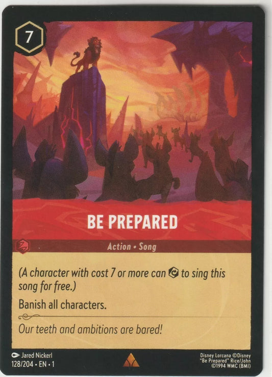 The card depicts a dramatic scene from The Lion King where Scar stands atop Pride Rock, overseeing his army of hyenas. The sky burns with shades of red and orange, reflecting the intensity of the moment from the iconic song "Be Prepared."