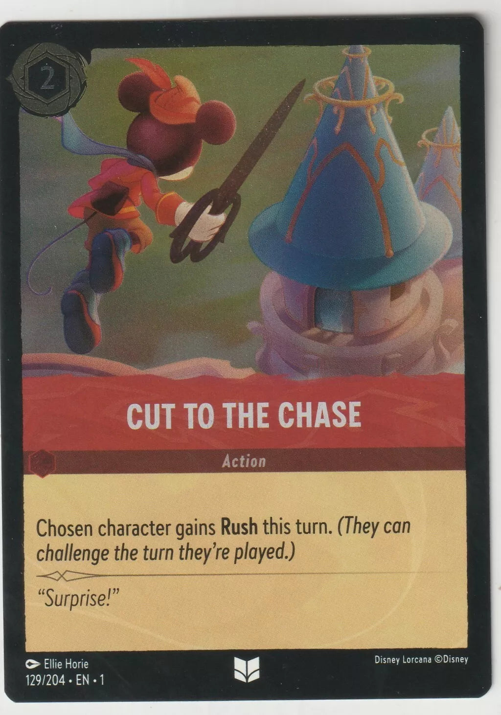 Mickey Mouse in a Brave Little Tailor outfit jumps with large scissors towards a castle spire. The action card, titled "Cut to the Chase," has vibrant colors and dynamic motion.