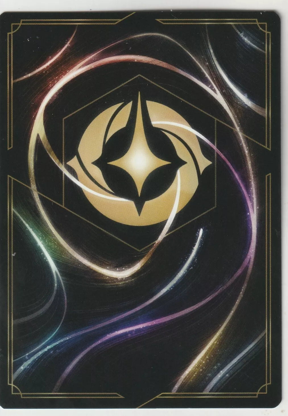 "Disney Lorcana card back with swirling energy lines and a central gold Lorcana symbol on a dark background."