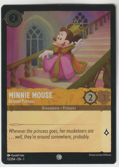 "Minnie Mouse in royal pink attire standing on a grand staircase, titled ‘Beloved Princess,’ with a backdrop of a majestic castle interior."