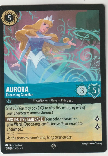 Aurora Dreaming Guardian card from Disney Lorcana, featuring a dreamlike scene with Aurora in a flowing blue gown surrounded by magical vines.