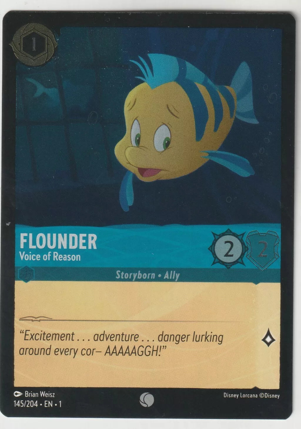 Flounder from Disney Lorcana The First Chapter card, titled “Flounder Voice of Reason,” showcasing an underwater scene with Flounder looking surprised, and card stats of 2 strength, 2 willpower.