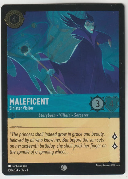 Maleficent from Disney Lorcana The First Chapter card, titled "Maleficent Sinister Visitor," showcasing her in a menacing pose with a staff. The card has stats of 3 strength, 4 willpower.