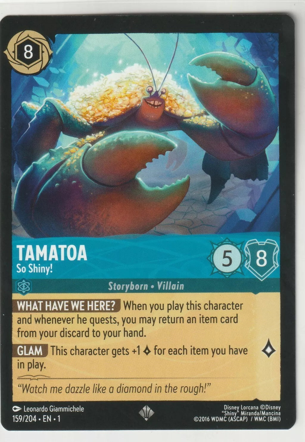 Tamatoa from Disney Lorcana The First Chapter card, titled "Tamatoa So Shiny!," showcasing the crab covered in treasures. The card has stats of 5 strength, 8 willpower.