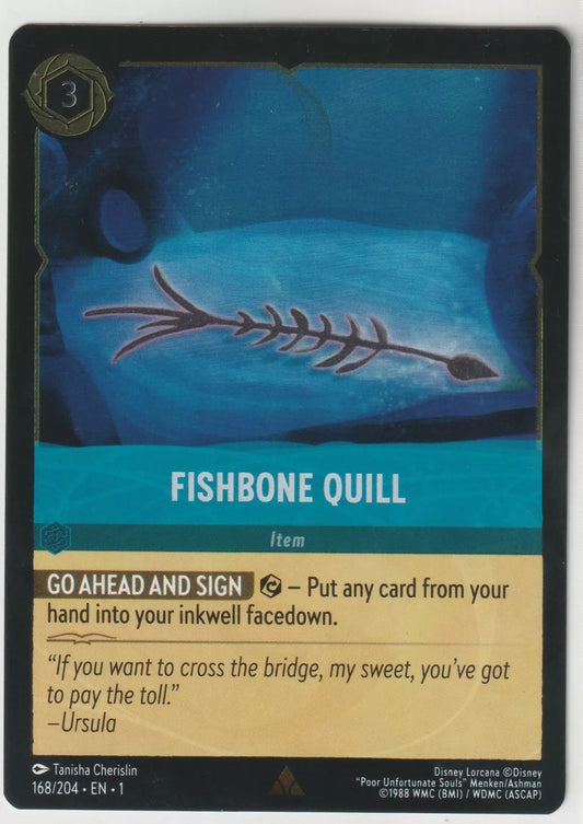 Fishbone Quill from Disney Lorcana The First Chapter card, titled "Fishbone Quill," depicting a skeletal fishbone quill. The card has a cost of 3 ink.