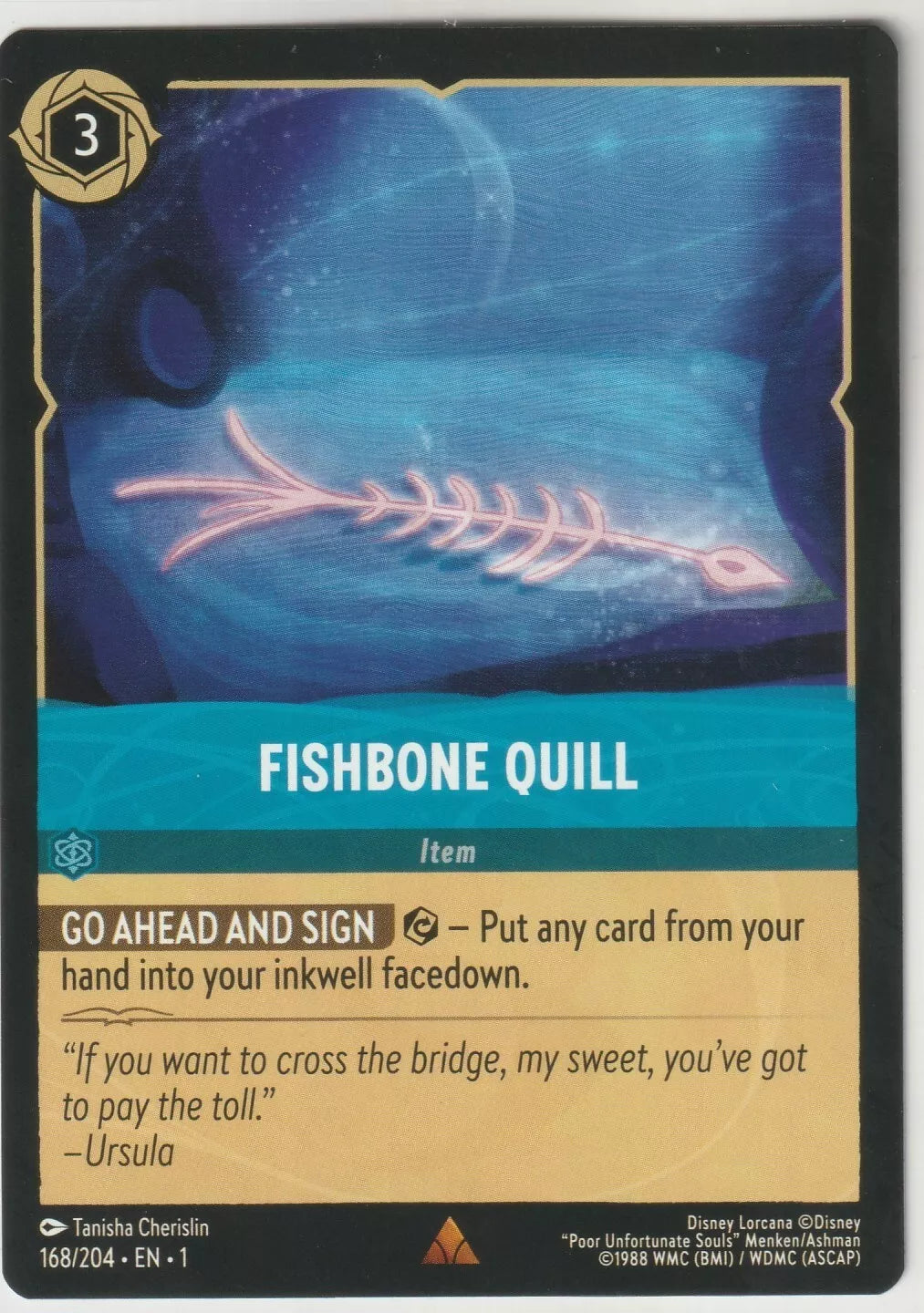 Fishbone Quill from Disney Lorcana The First Chapter card, titled "Fishbone Quill," featuring a skeletal fishbone quill. The card has a cost of 3 ink.