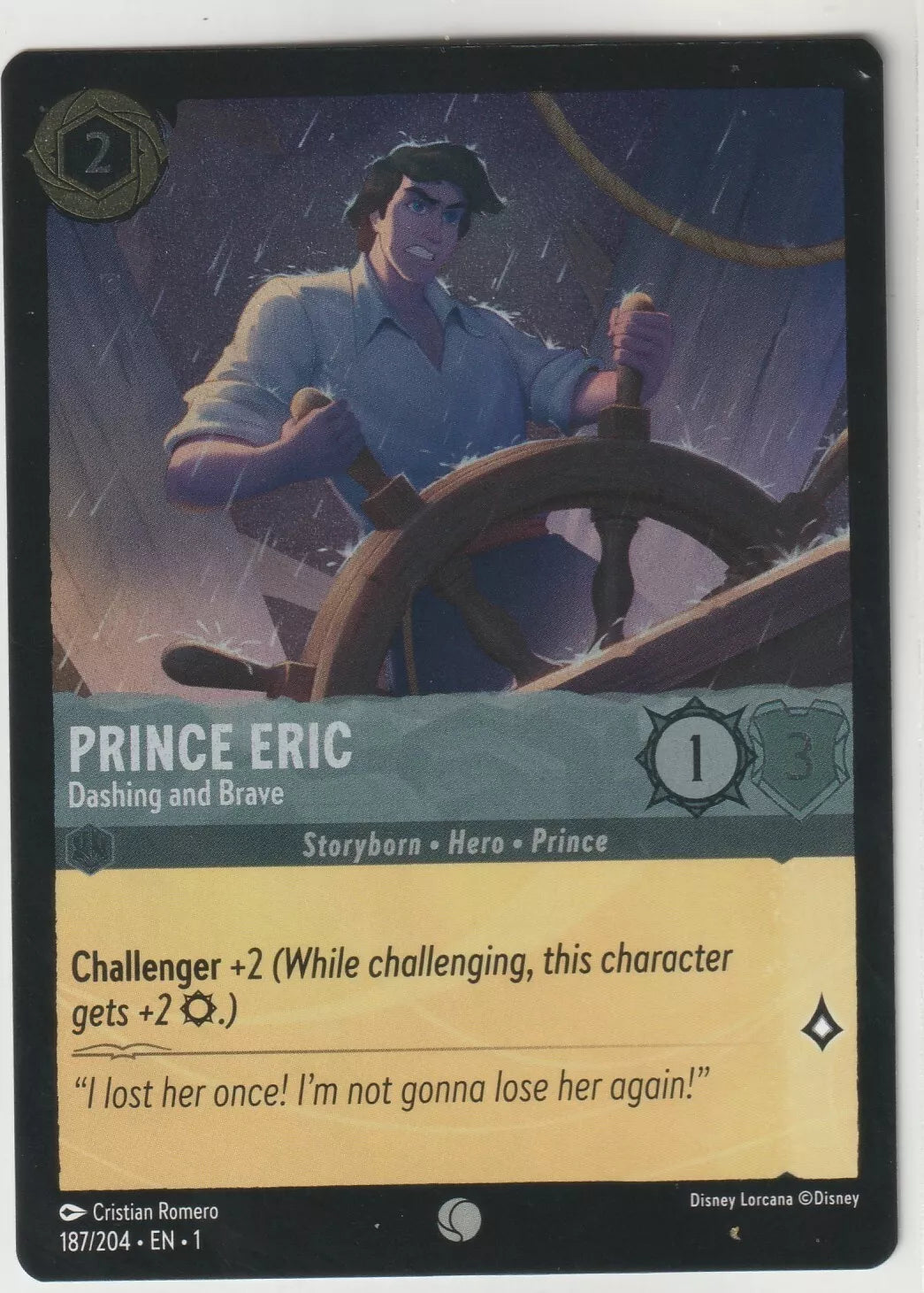 Prince Eric from Disney Lorcana The First Chapter card, titled "Prince Eric Dashing and Brave," showing him steering a ship through a storm. The card has stats of 1 strength, 3 willpower.