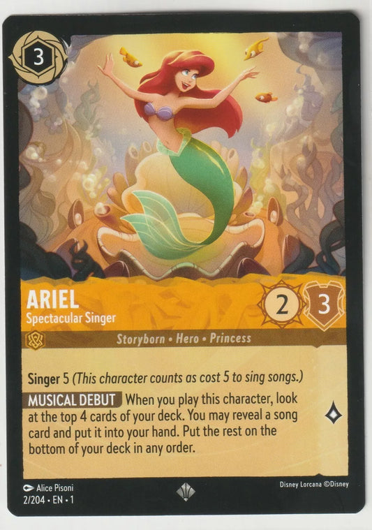 Ariel from Disney Lorcana The First Chapter card, titled "Ariel Spectacular Singer," showing her singing underwater surrounded by fish. The card has 2 strength and 3 willpower.