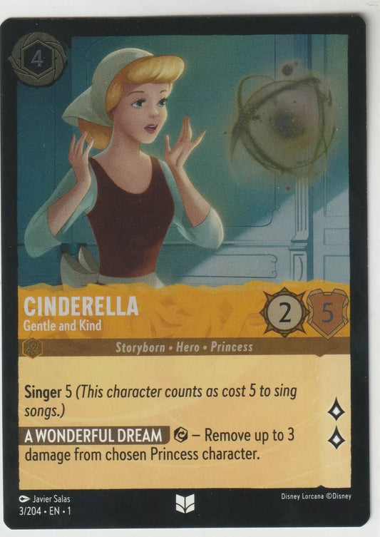 Cinderella from Disney Lorcana The First Chapter card, titled "Cinderella Gentle and Kind," showing her singing in her housework attire. The card has 2 strength and 5 willpower.