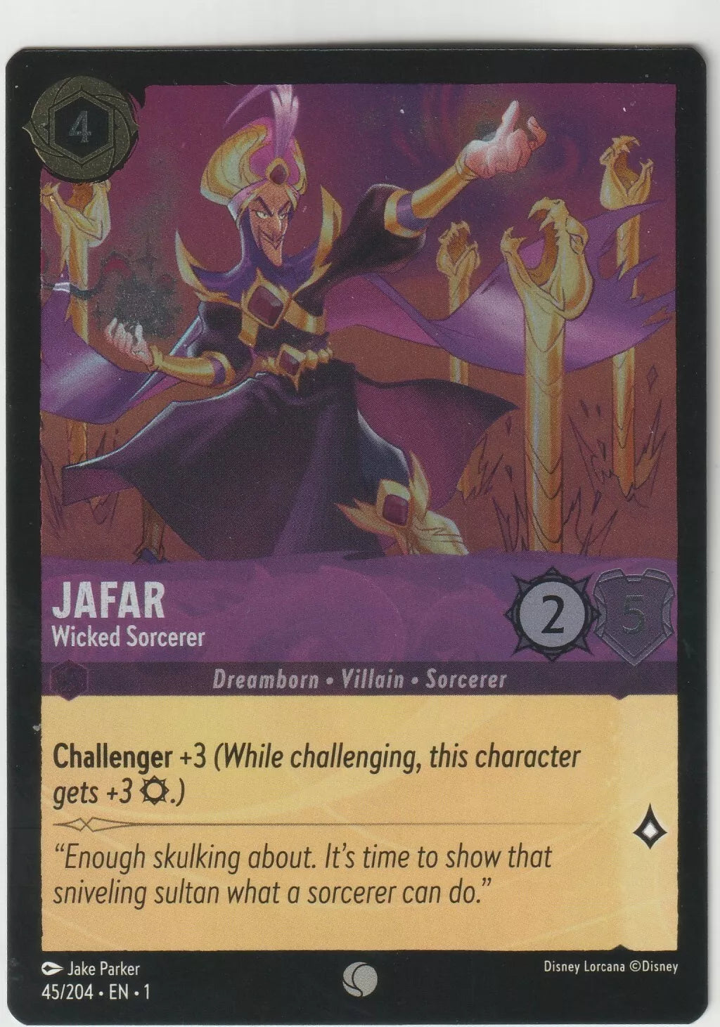 Jafar from Disney Lorcana The First Chapter card, titled "Jafar Wicked Sorcerer," showing him casting dark magic. The card has 2 strength and 5 willpower.