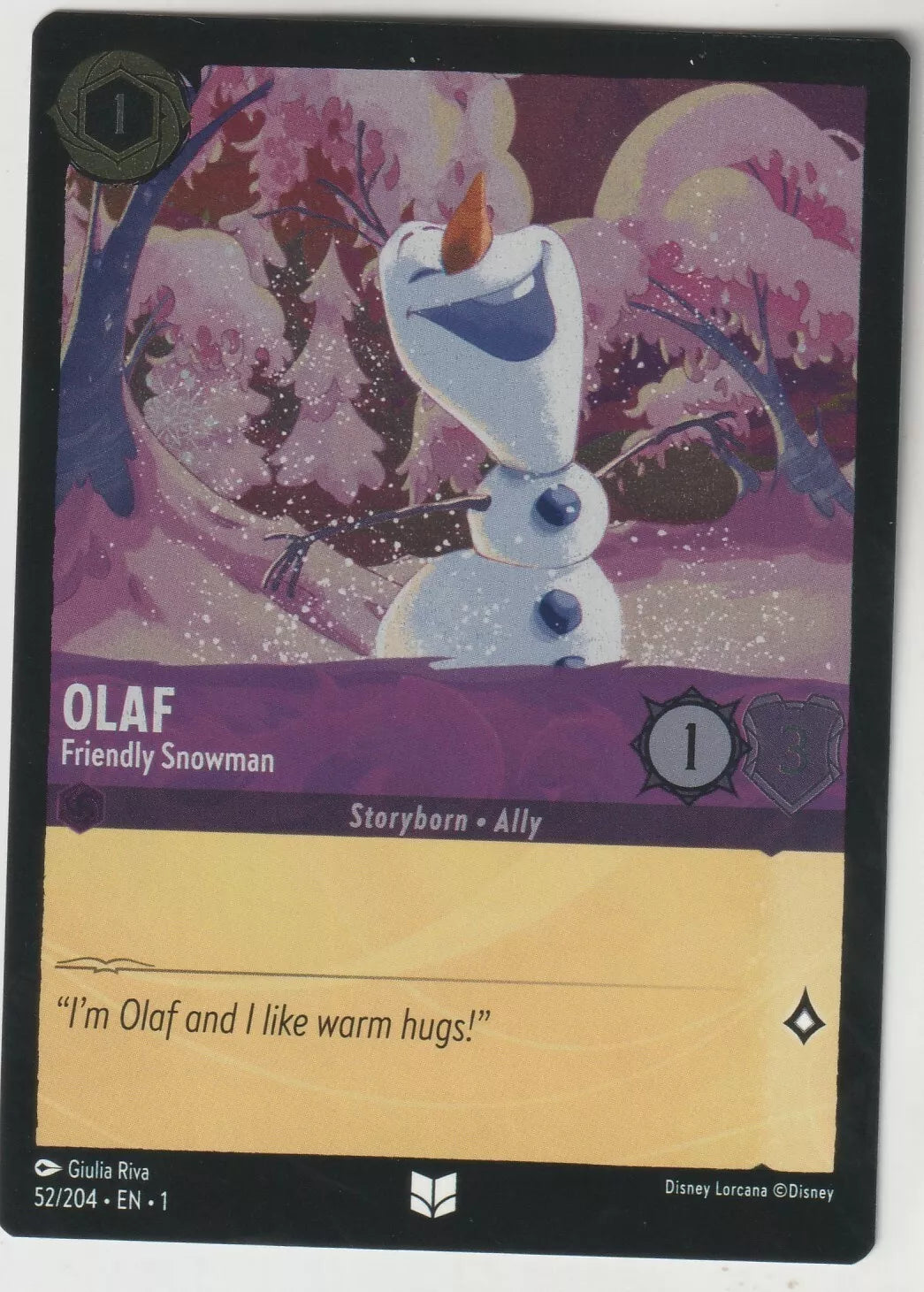 Olaf from Disney Lorcana The First Chapter card, titled "Olaf Friendly Snowman," showing him in a snowy forest smiling joyfully. The card has 1 strength and 3 willpower.