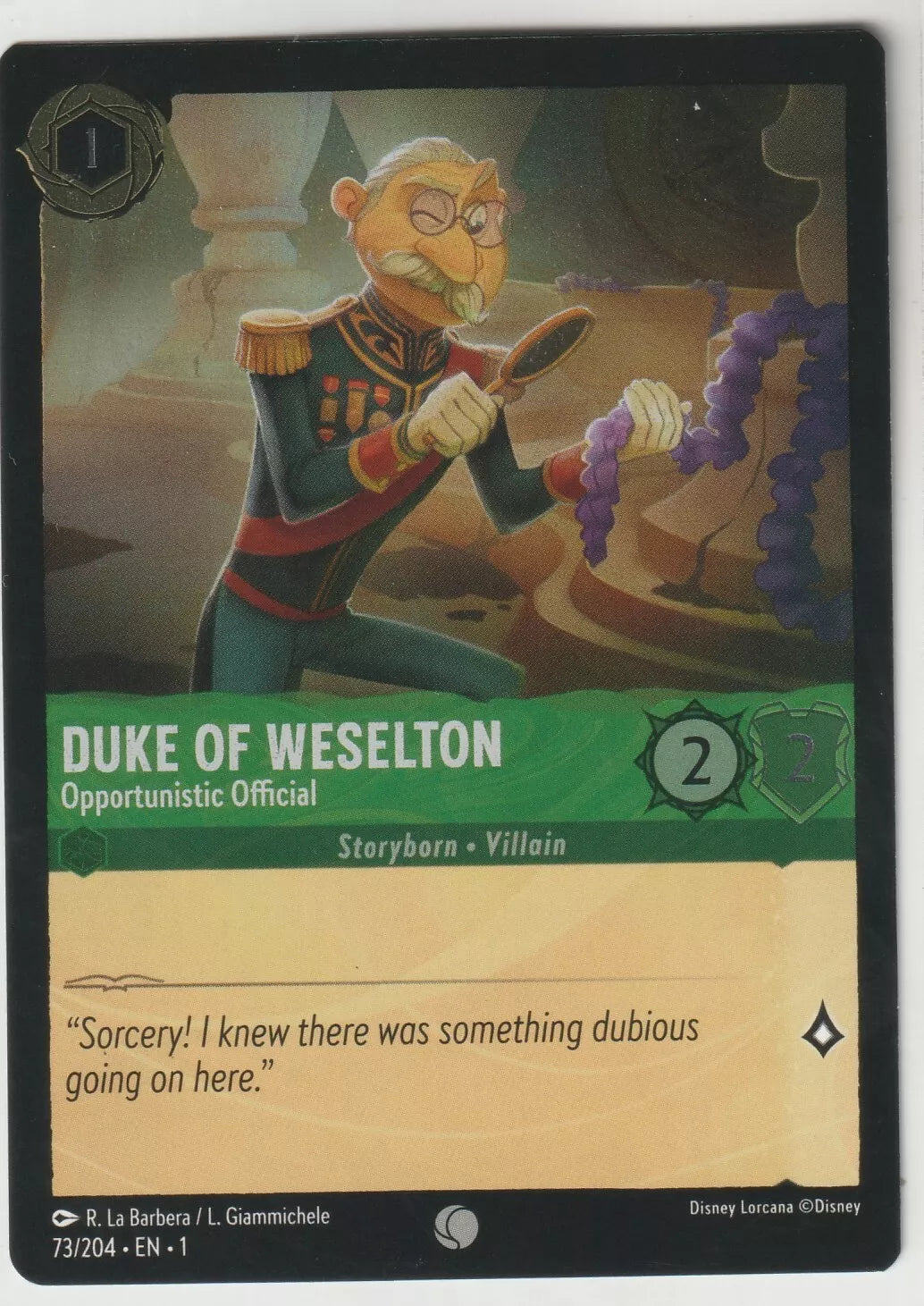 Duke of Weselton from Disney Lorcana The First Chapter card, titled "Duke of Weselton Opportunistic Official," showing him inspecting with a magnifying glass. The card has 2 strength and 2 willpower.