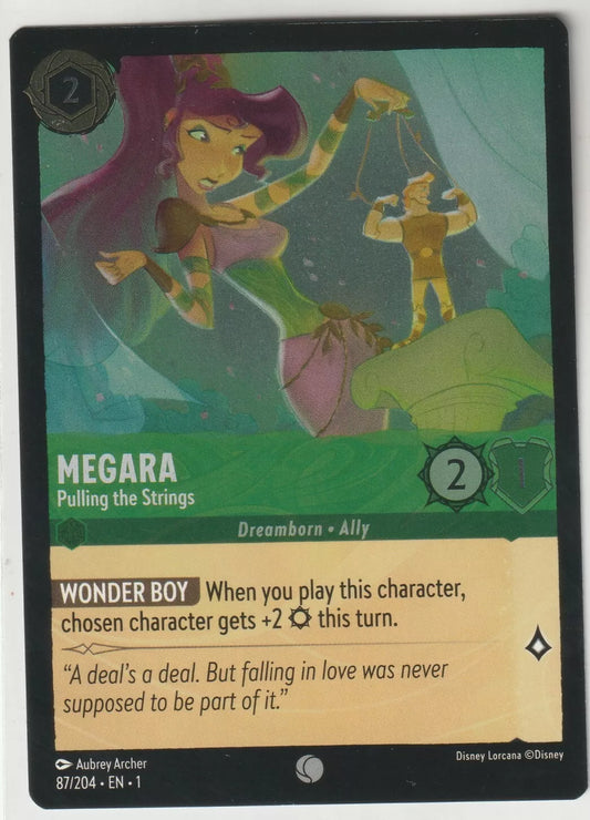 Megara Pulling the Strings card from Disney Lorcana, featuring her manipulating a small Hercules figure with marionette strings, showing her as a Dreamborn Ally