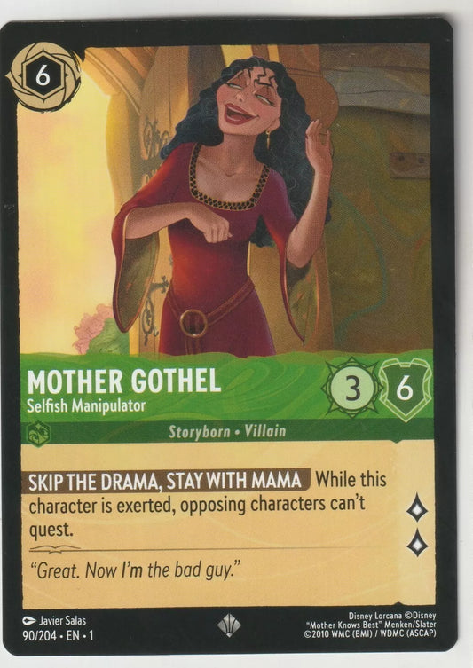 Mother Gothel, dressed in her red gown, stands smiling confidently, with the text "Skip the Drama, Stay with Mama" at the bottom.