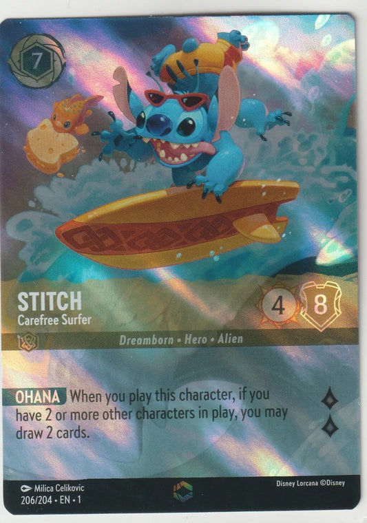 Disney Lorcana Stitch Carefree Surfer card featuring Stitch riding a surfboard with a holographic shine.