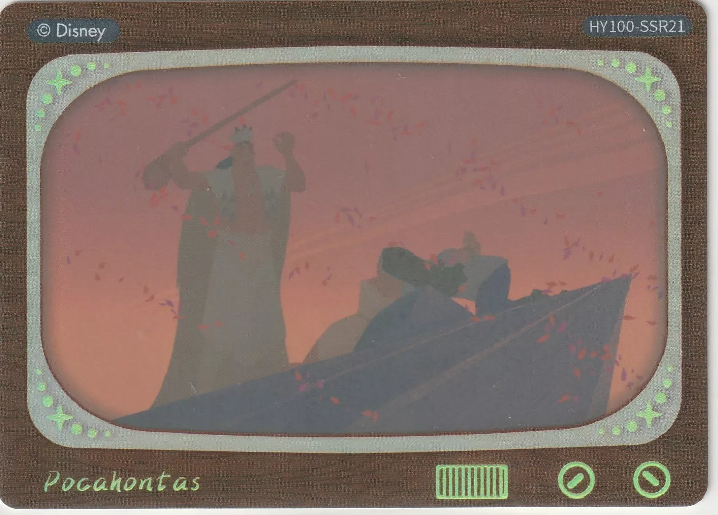 Disney 100 Television Insert Sticker featuring a dramatic scene from Pocahontas. The scene shows Chief Powhatan raising his staff as Pocahontas intervenes, framed within a retro TV design with wood accents and glowing green lights.