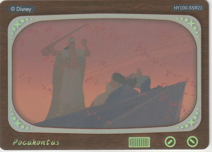 Disney 100 Television Insert Sticker featuring a dramatic scene from Pocahontas. The scene shows Chief Powhatan raising his staff as Pocahontas intervenes, framed within a retro TV design with wood accents and glowing green lights.