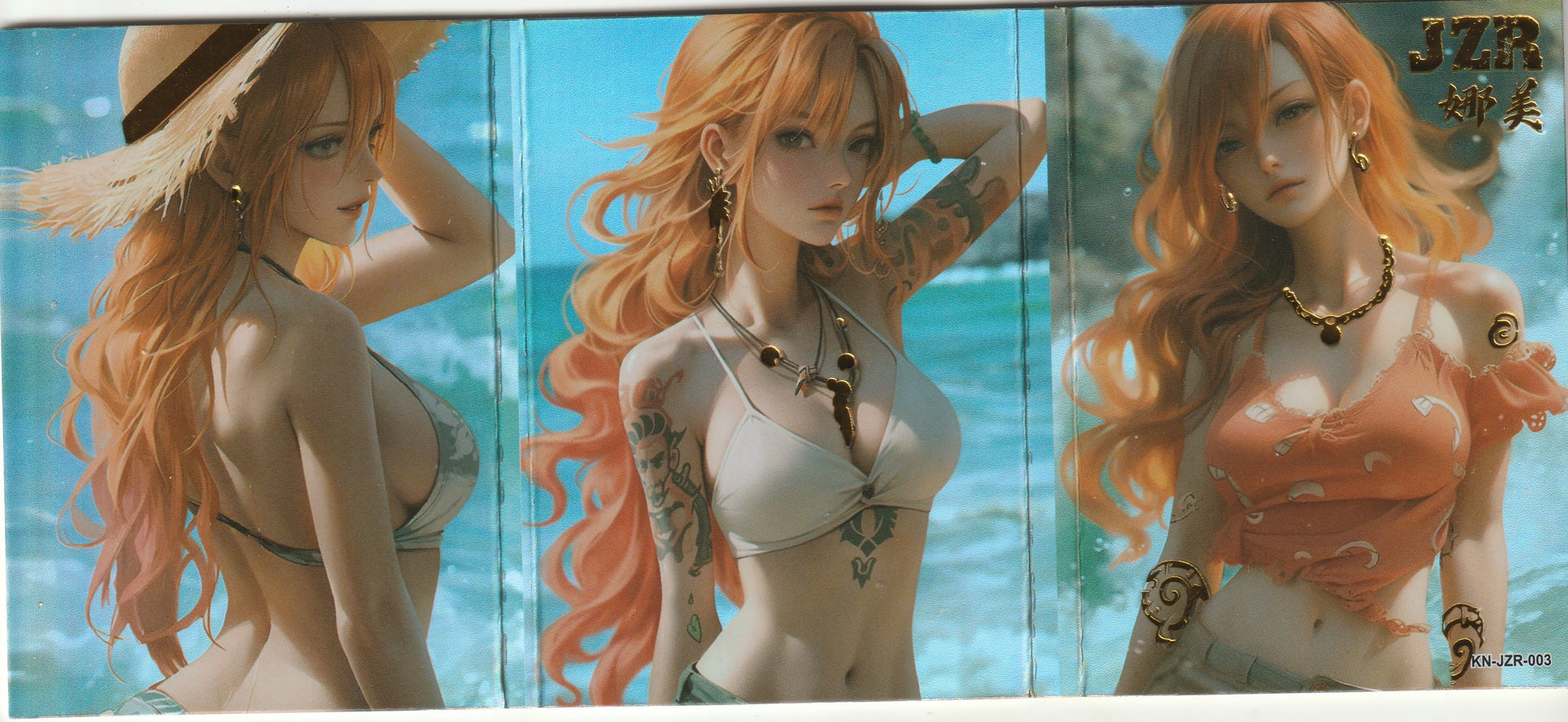 Beach-themed illustrations of Nami inside a collectible booklet, showcasing her in stylish summer outfits with gold-accented details and collectible code KN-JZR-003.