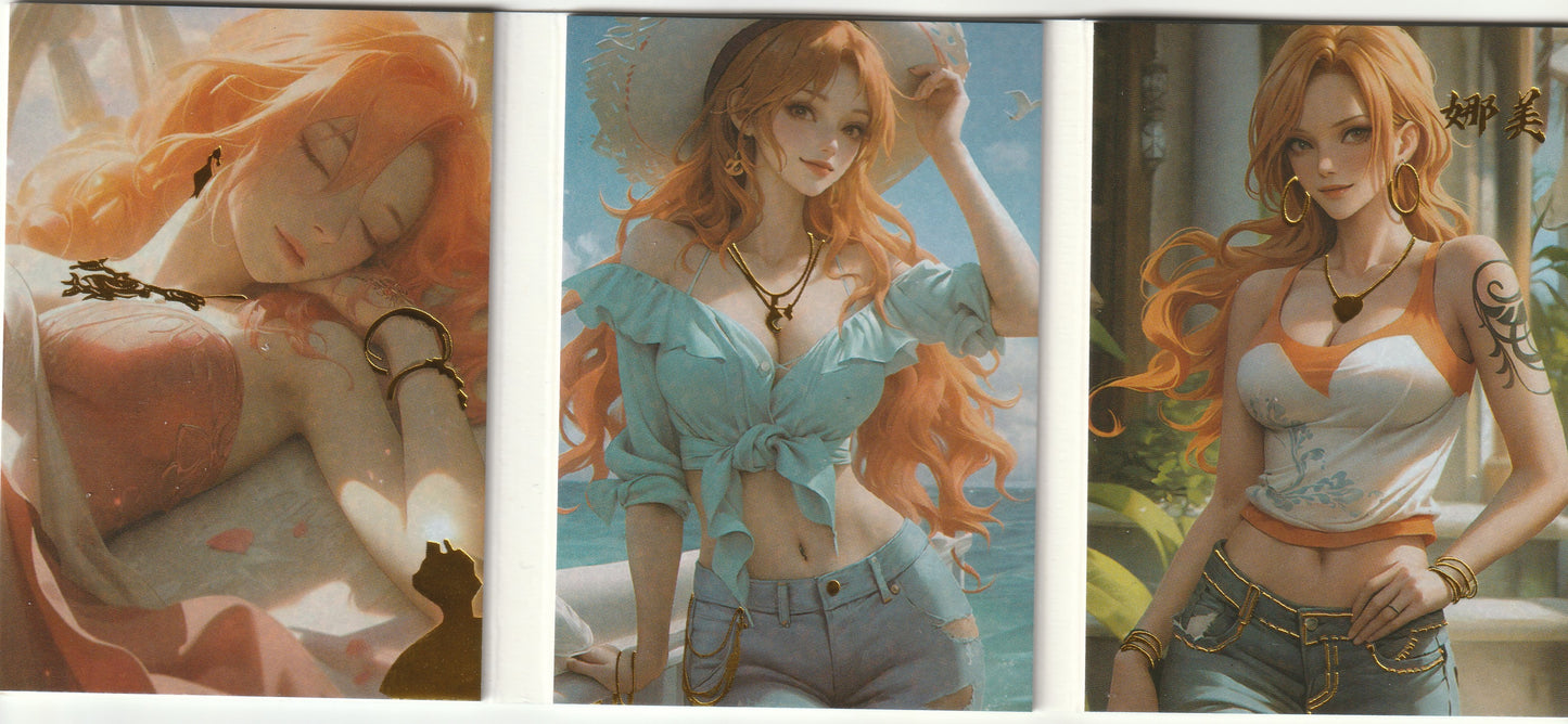 A One Piece collectible booklet featuring Nami in elegant outfits and scenic backgrounds, with vibrant colors and intricate gold accents.