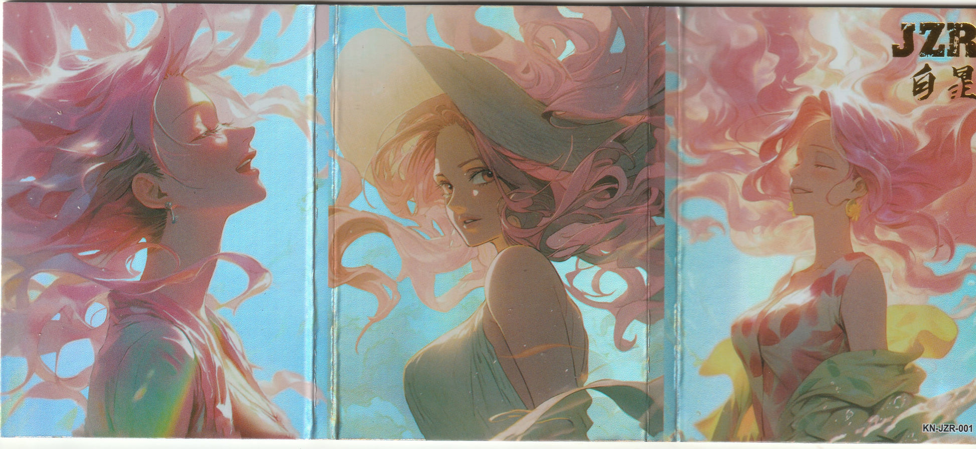 Inside pages of a collectible booklet showcasing stunning portraits of a pink-haired character with golden highlights, featuring ethereal underwater-inspired themes and the code KN-JZR-001.