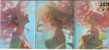 Inside pages of a collectible booklet showcasing stunning portraits of a pink-haired character with golden highlights, featuring ethereal underwater-inspired themes and the code KN-JZR-001.