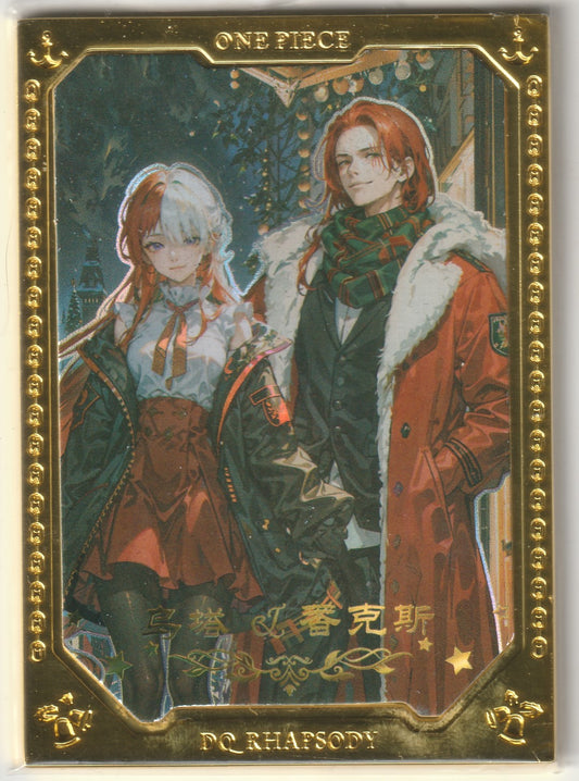 Front of a collectible One Piece card featuring Uta and Shanks in elegant winter-themed outfits, framed with intricate gold borders.