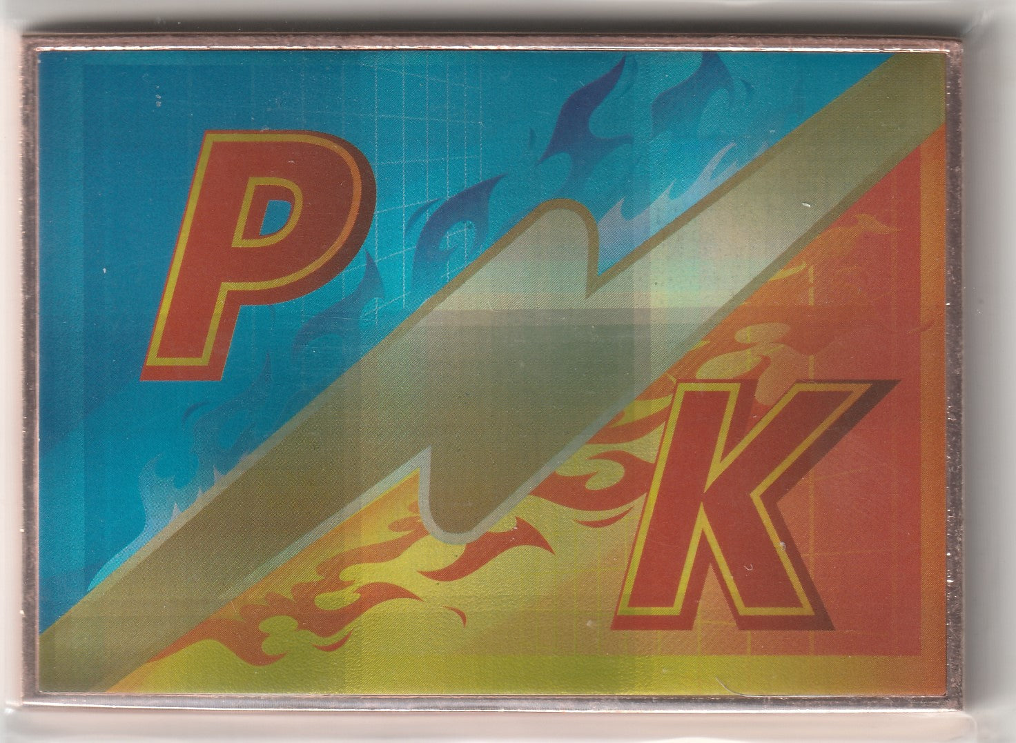 The back of a collectible card showcasing a PK design with vibrant fire and water elements and bold typography, representing a player vs. player theme.