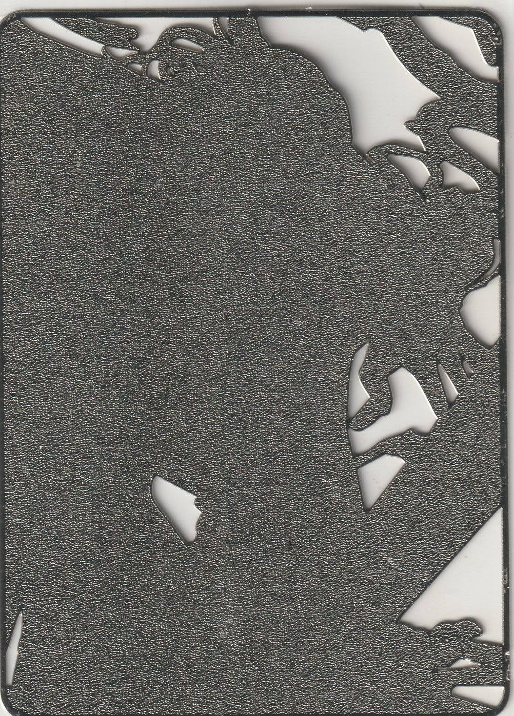 The back of a collectible card showcasing a textured silhouette of Silvers Rayleigh in a sleek and minimalist design.