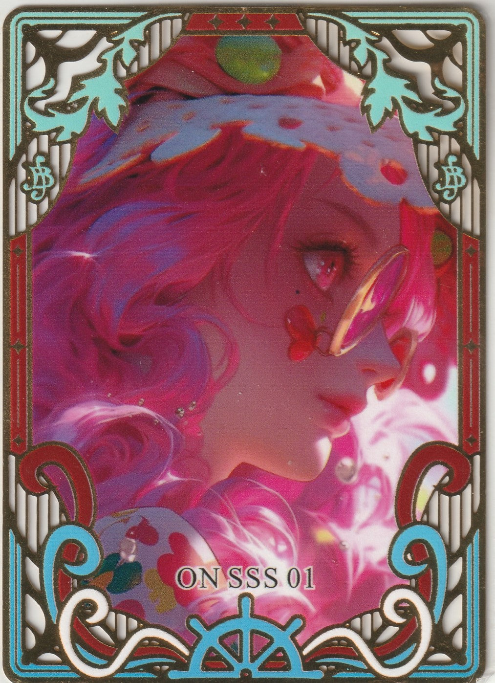 Front of a collectible One Piece card featuring Nami with flowing pink hair, delicate butterfly accents, and an intricate gold and turquoise border. Marked as ON SSS 01.