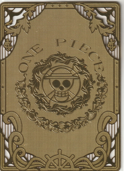 Back of a collectible card showcasing a luxurious gold-etched design with the One Piece logo and elegant ornamental patterns.