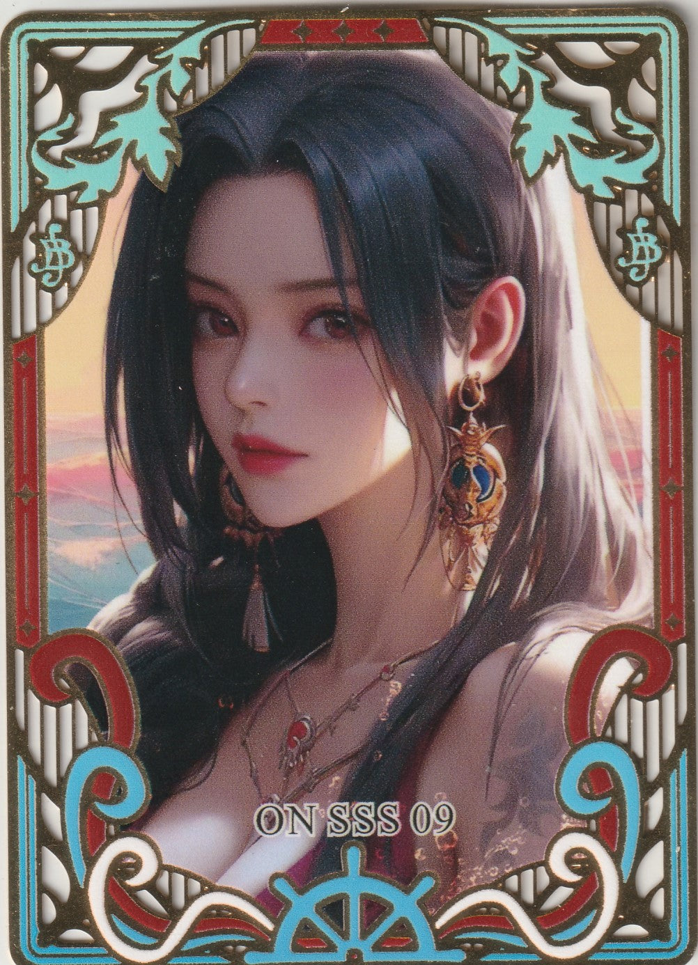 Front of a collectible One Piece card featuring Boa Hancock in an elegant design with intricate gold and turquoise borders, marked as ON SSS 09.