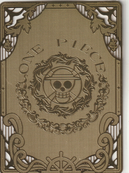 Back of a collectible card showcasing a luxurious gold-etched design with the One Piece logo and detailed ornamental patterns.