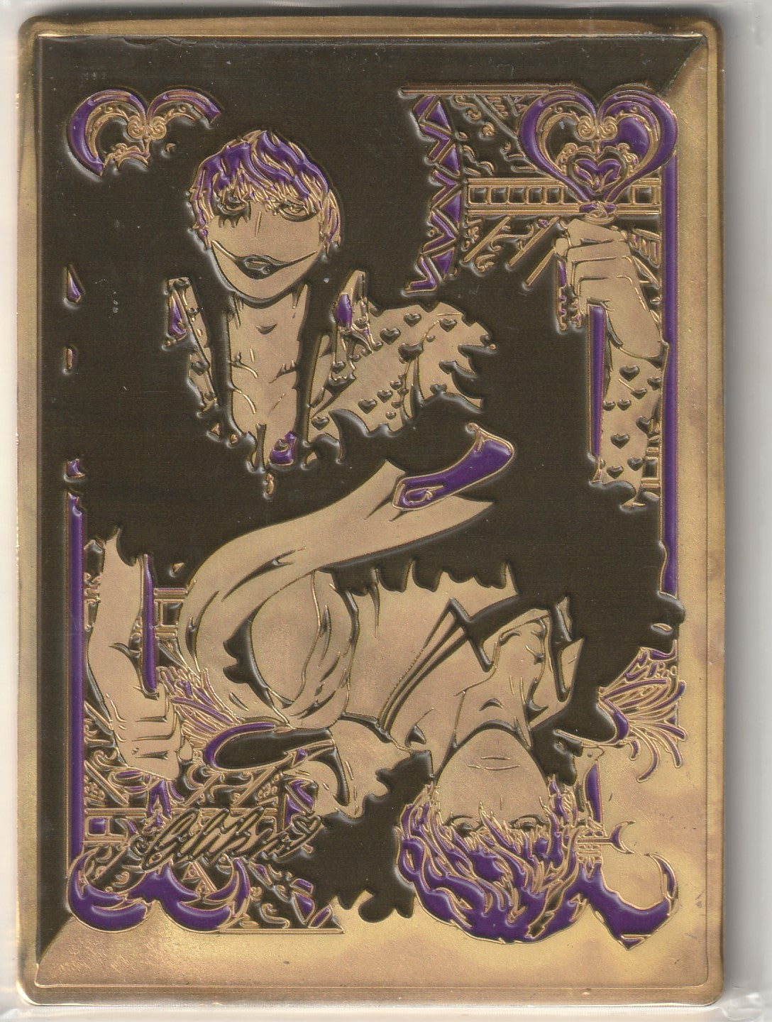 Metallic gold card featuring Rosinante Donquixote (Corazon) with purple accents and heart-themed details."