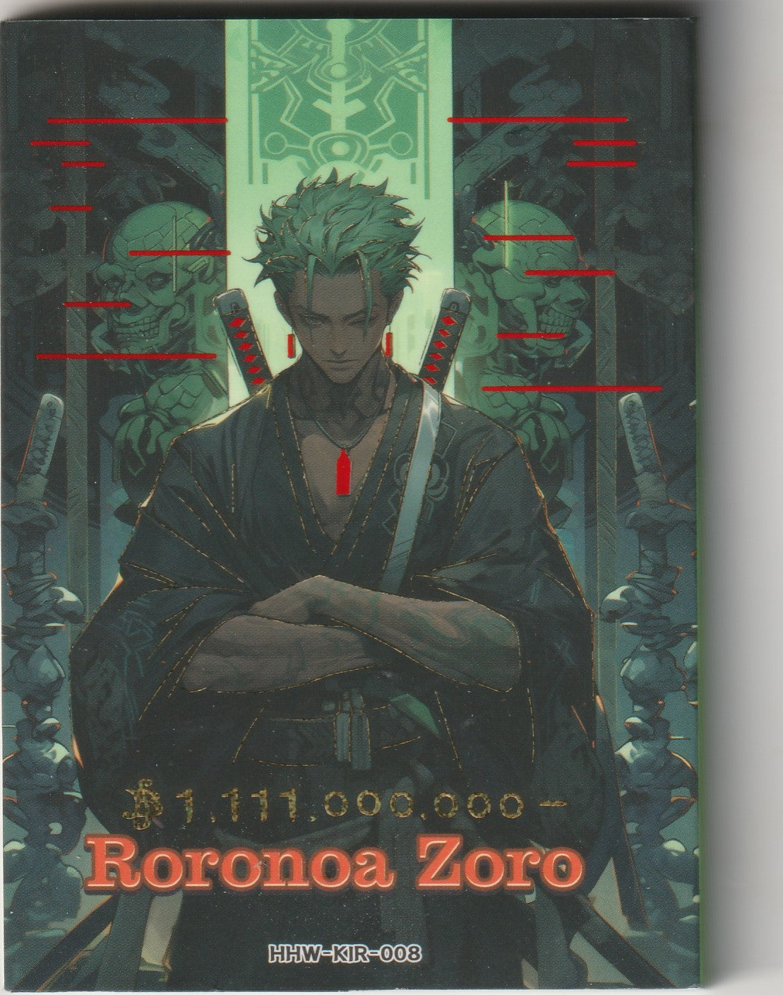 Roronoa Zoro from One Piece in a green and black theme, featuring swords and samurai-inspired details.