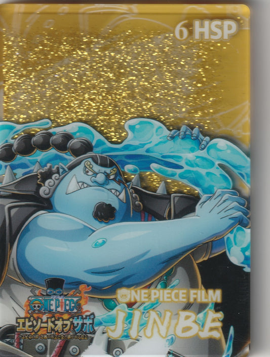 Jinbe from One Piece in an action pose with water effects and a glittery gold background.