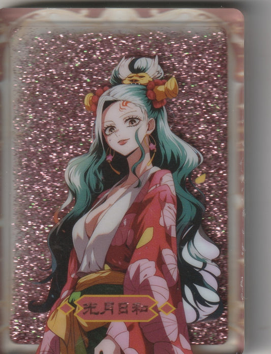 Kozuki Hiyori from One Piece in an elegant kimono with a pink glittery background.