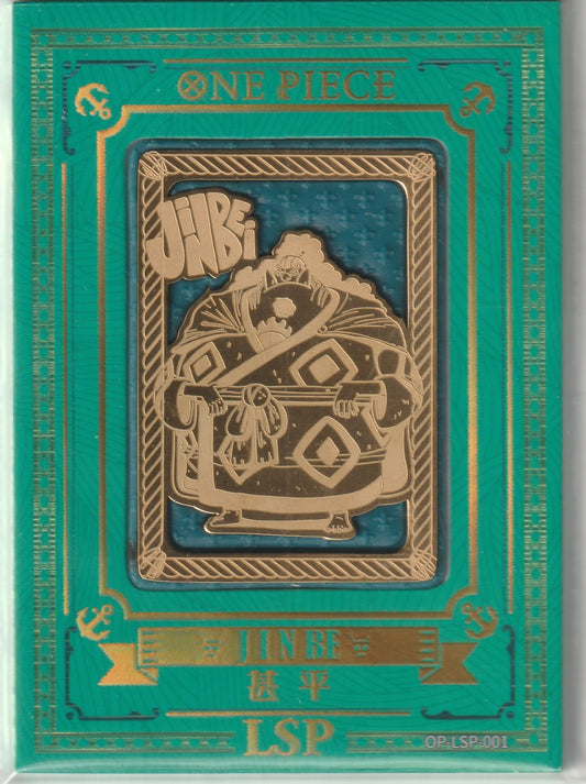 One Piece Jinbei collectible card featuring gold-etched artwork of Jinbei in a teal and gold design with intricate borders