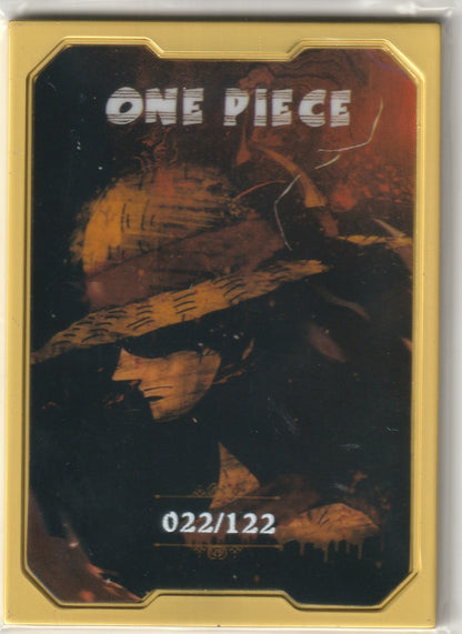 One Piece card back featuring a shadowy silhouette of Monkey D. Luffy with his iconic straw hat and the serial number 022/122.