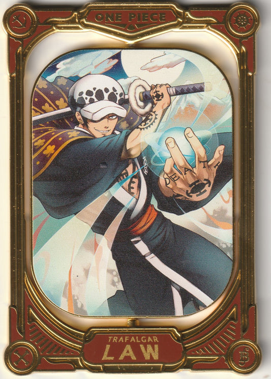 One Piece Trafalgar Law gold-plated spinning collectible card featuring an engraved illustration of Law with intricate designs and a bold red border