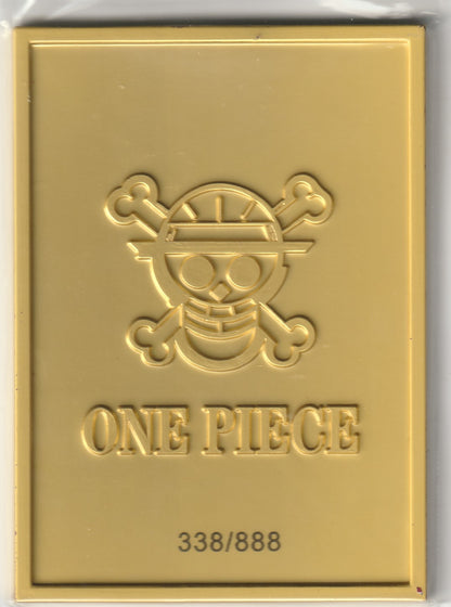 One Piece fully metal card back with an embossed Jolly Roger emblem, serial number 338/888, and a sleek minimalist design.