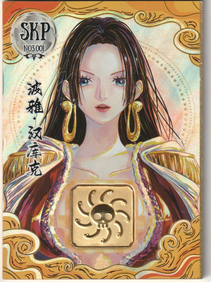 One Piece Boa Hancock SKP collectible card featuring a stunning artwork of Hancock with a raised gold-plated Skull Sunburst Emblem, SKP NO3.001 marking