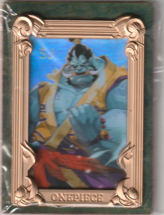 One Piece Jinbei collectible card featuring a holographic illustration of Jinbei in a bronze-colored ornate frame with vivid colors.