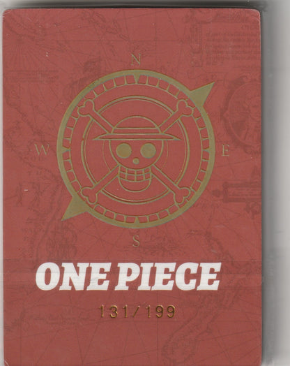 One Piece card back with a red compass motif, Jolly Roger emblem, and serial number 131/199 in gold text