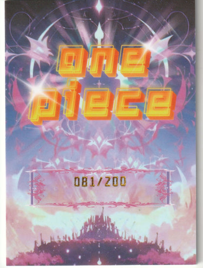 One Piece trading card with a glowing golden logo, dreamy abstract background, and "081/200" limited-edition marking.