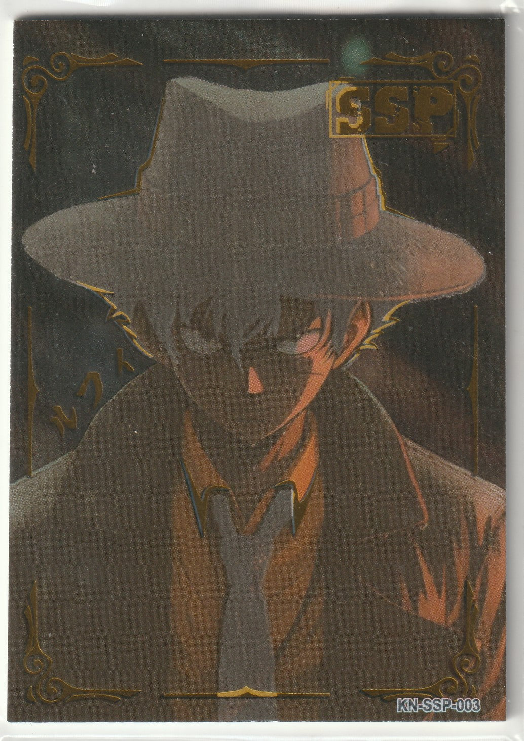 Monkey D. Luffy in a noir-inspired look, dressed in a trench coat and fedora with shadowy, golden-framed details.